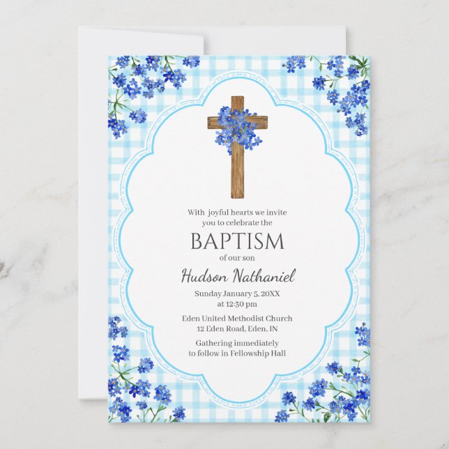 002 Cerulean Blossom Rustic Cross Design Baptism Invitation (Front)