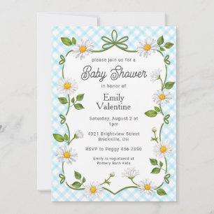 002 Cerulean Blue Floral Daisy Plaid Baby Shower Invitation