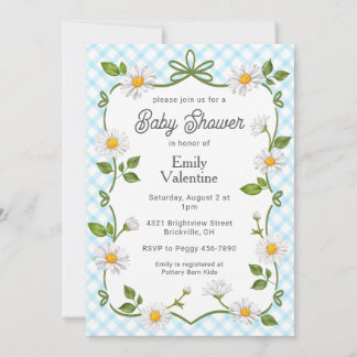 002 Cerulean Blue Floral Daisy Plaid Baby Shower Invitation