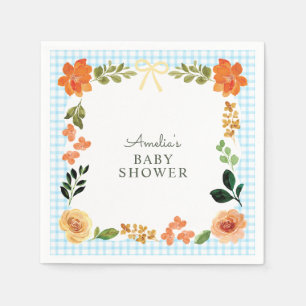 002 Cerulean Blue Floral Gingham Baby Shower Napkins