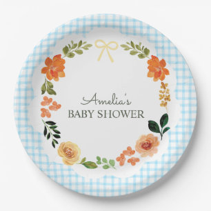 002 Cerulean Blue Floral Gingham Baby Shower Paper Plates