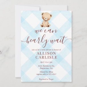 002 Cerulean Blue Teddy Bear Gingham Baby Shower Invitation