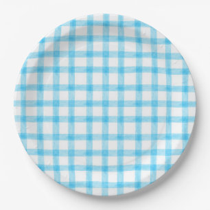 002 Cerulean Blue Watercolor Plaid L Paper Plates