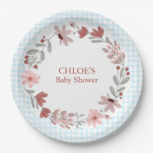 002 Cerulean Blue Wildflower Bow Frame Gingham Paper Plates