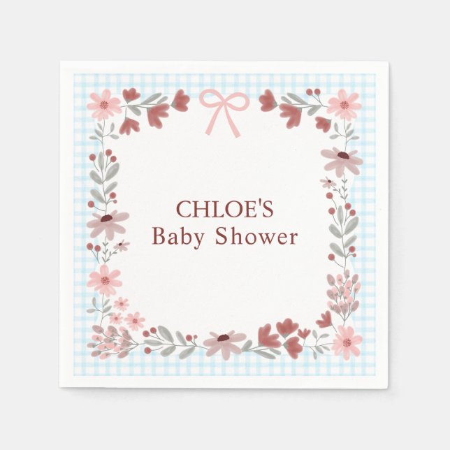 002 Cerulean Blue Wildflower Bow Gingham Shower Napkins (Front)
