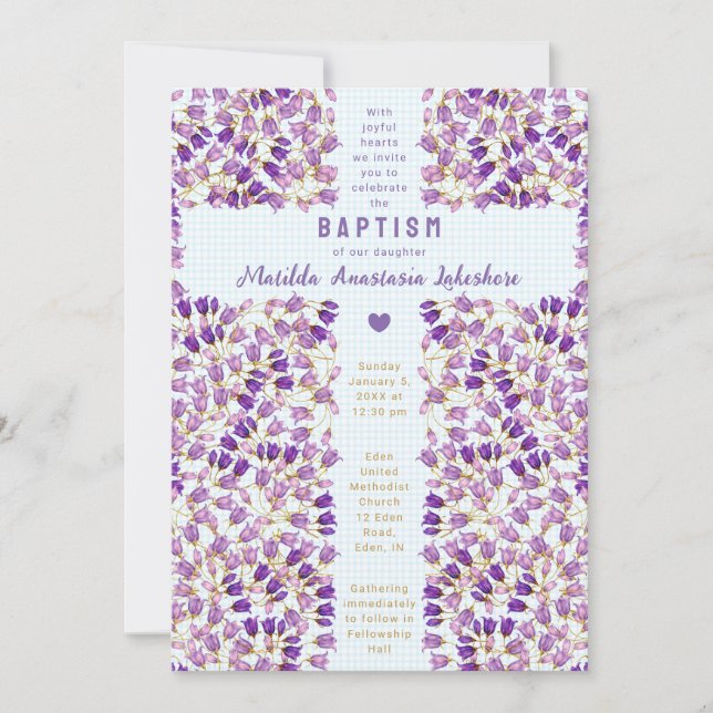 002 Cerulean Stained Glass Garden Gingham Baptism Invitation (Front)