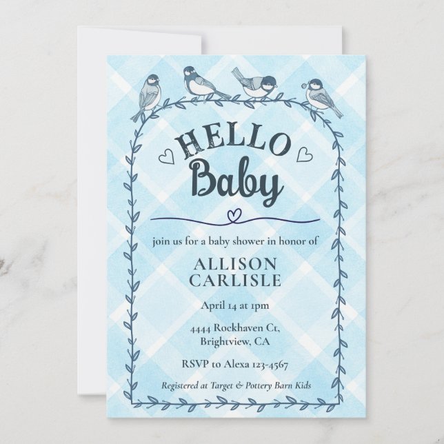 002 Cerulean Watercolor Gingham Birds Baby Shower Invitation (Front)