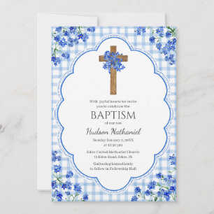 003 Cobalt Blossom Rustic Cross Design Baptism Invitation
