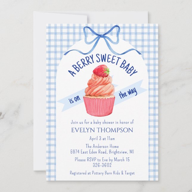 003 Cobalt Blue Berry Sweet Strawberry Baby Shower Invitation (Front)