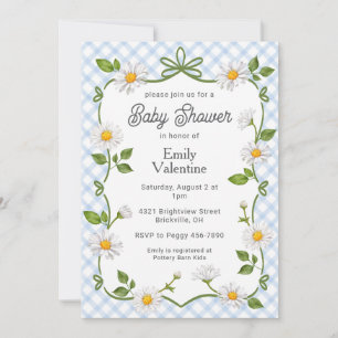 003 Cobalt Blue Floral Daisy Plaid Baby Shower Invitation