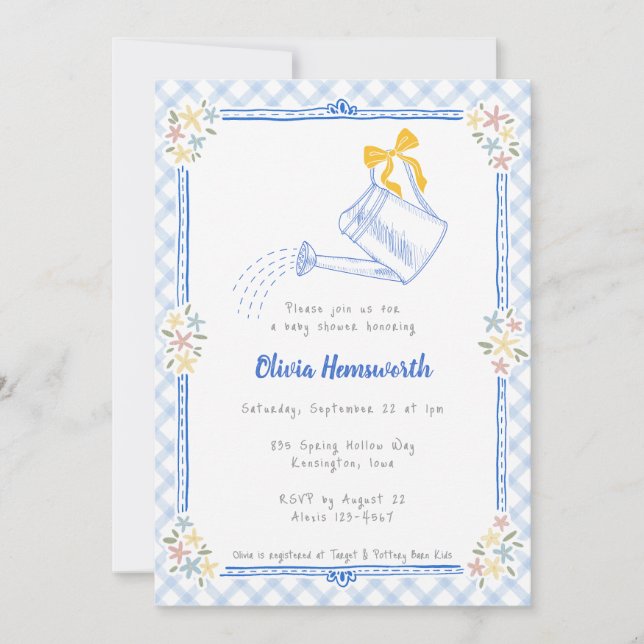 003 Cobalt Blue Gingham Watering Can Baby Shower Invitation (Front)