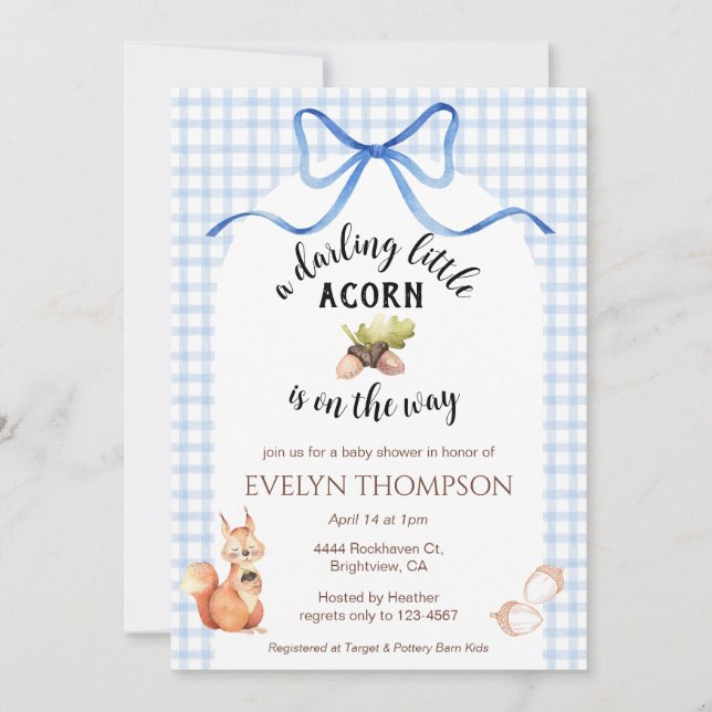 003 Cobalt Blue Squirrel Acorn Gingham Baby Shower Invitation (Front)