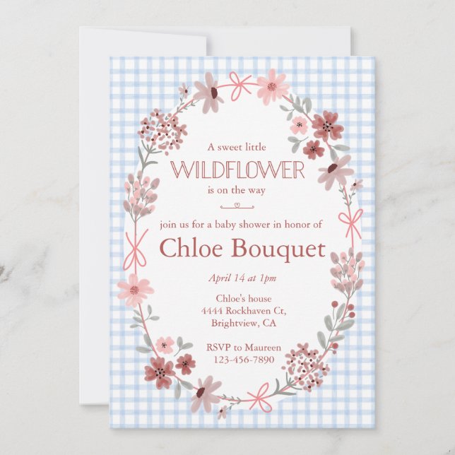 003 Cobalt Blue Wildflower Bow Gingham Baby Shower Invitation (Front)