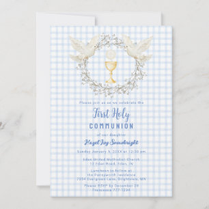 003 Cobalt Dove & Chalice Gingham 1st Communion Invitation