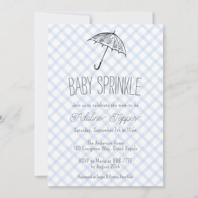 003 Cobalt Modern Umbrella Baby Sprinkle Gingham Invitation (Front)