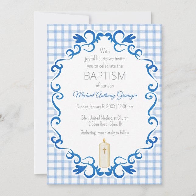 003 Cobalt Scroll Gingham Cross Candle Baptism Invitation (Front)