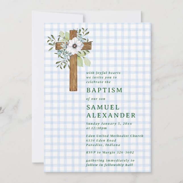 003 Coblalt Rustic Greenery Wooden Cross Baptism Invitation (Front)