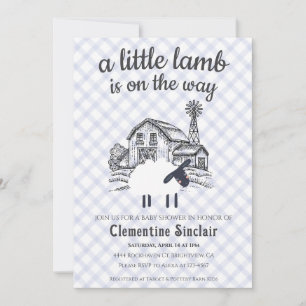 004 Indigo Blue A Little Lamb Gingham Baby Shower Invitation