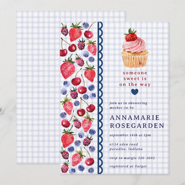 004 Indigo Blue Berry Patch Cupcake Baby Shower Invitation (Front/Back)