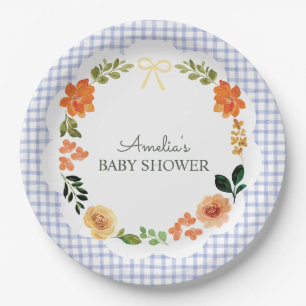 004 Indigo Blue Floral Gingham Baby Shower Paper Plates