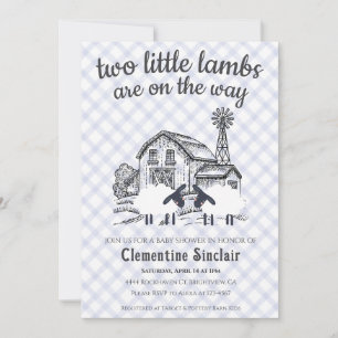 004 Indigo Blue Little Lambs Gingham Baby Shower Invitation