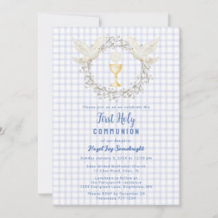 004 Indigo Dove & Chalice Gingham 1st Communion Invitation