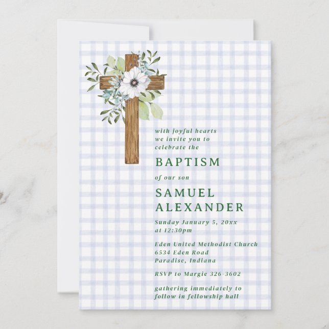 004 Indigo Rustic Greenery Wooden Cross Baptism Invitation (Front)