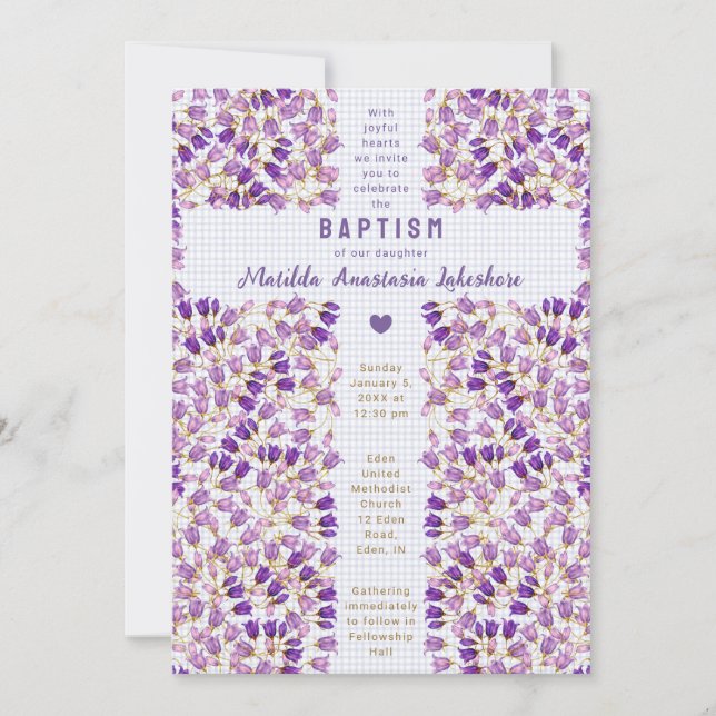004 Indigo Stained Glass Garden Gingham Baptism Invitation (Front)