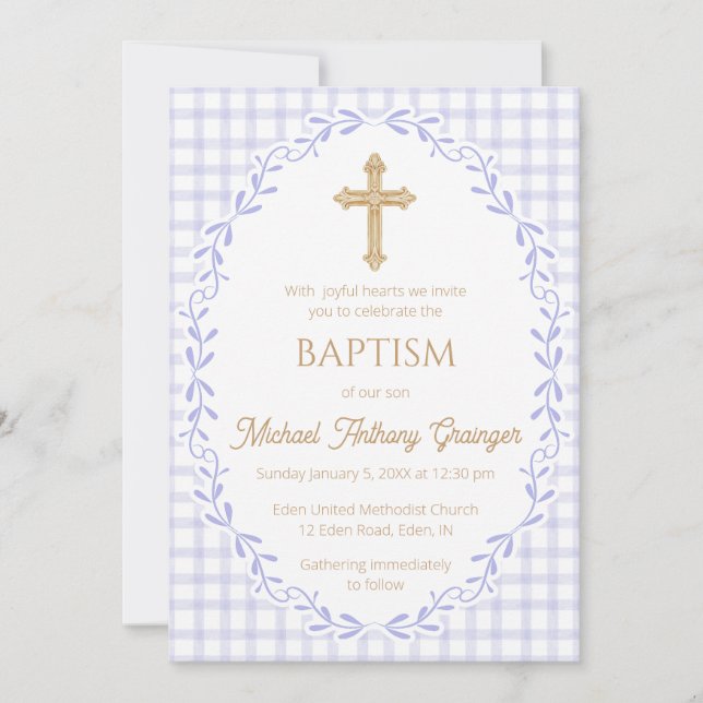 005 Iris Botanical Vine Ornate Cross Baptism Invitation (Front)