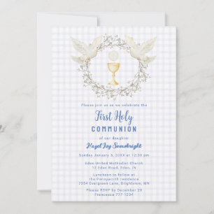 005 Iris Dove & Chalice Gingham 1st Communion Invitation