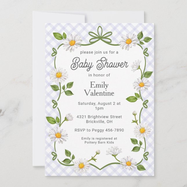 005 Iris Lavender Floral Daisy Plaid Baby Shower Invitation (Front)