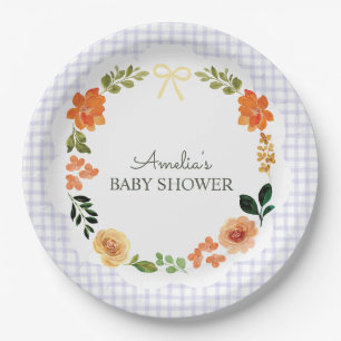 005 Iris Lavender Floral Gingham Baby Shower Paper Plates