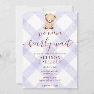 005 Iris Lavender Teddy Bear Gingham Baby Shower Invitation