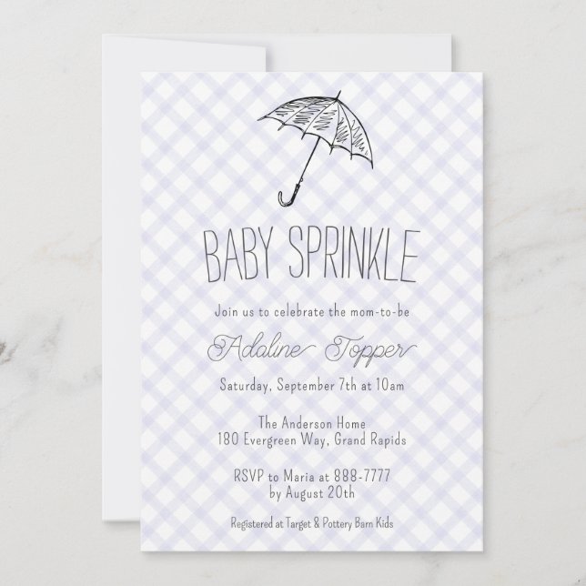005 Iris Modern Umbrella Gingham Baby Sprinkle Invitation (Front)