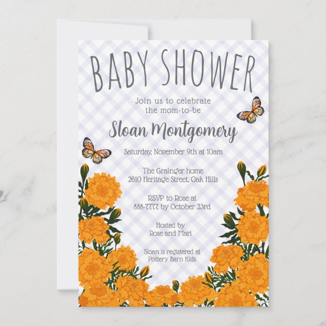005 Iris Monarch Butterfly Marigold Baby Shower Invitation (Front)
