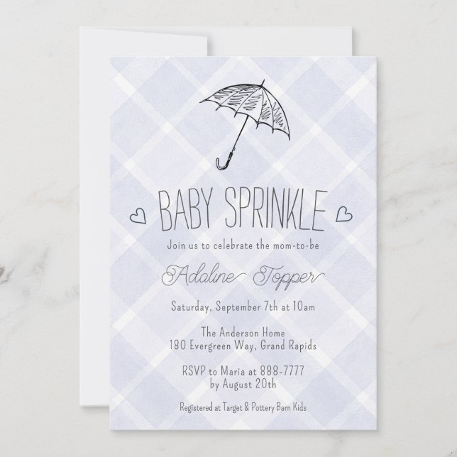 005 Iris Plaid Umbrella Baby Sprinkle Shower Invitation (Front)