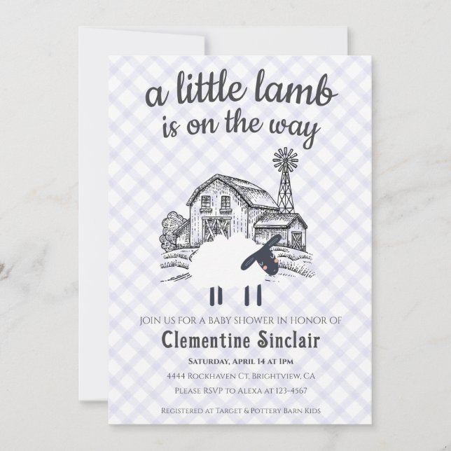 005 Iris Purple A Little Lamb Gingham Baby Shower Invitation (Front)