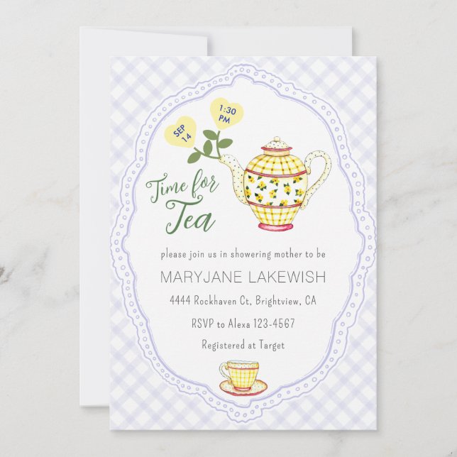 005 Iris Purple Cute Gingham Tea Party Baby Shower Invitation (Front)