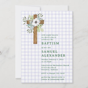 005 Iris Rustic Greenery Wooden Cross Baptism Invitation