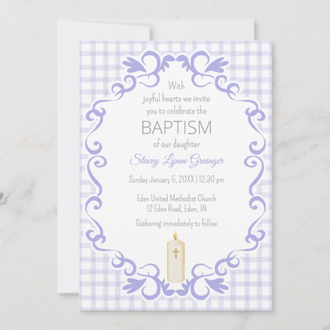 005 Iris Scroll Gingham Cross Candle Baptism Invitation (Front)