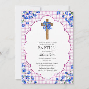 006 Wine Blossom Rustic Cross Design Baptism Invitation