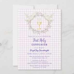 006 Wine Dove & Chalice Gingham 1st Communion Invitation