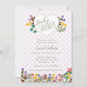 006 Wine Gingham Garden Heart Floral Baby Shower Invitation