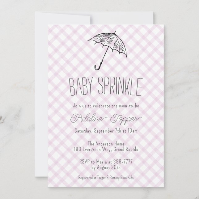 006 Wine Modern Umbrella Gingham Baby Sprinkle Invitation (Front)