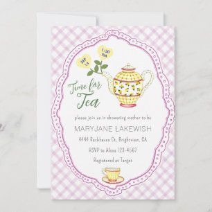 006 Wine Purple Cute Gingham Tea Party Baby Shower Invitation