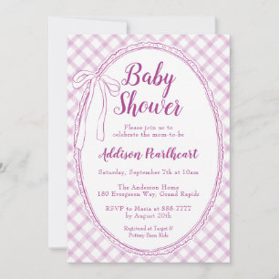 006 Wine Purple Heirloom Lace Gingham Baby Shower Invitation