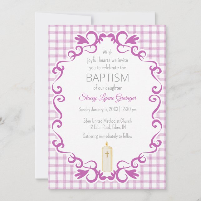 006 Wine Scroll Gingham Cross Candle Baptism Invitation (Front)