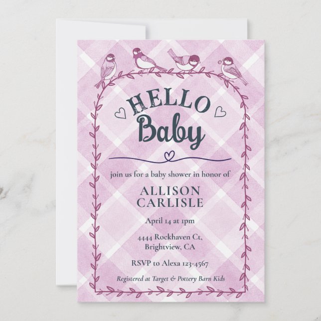 006 Wine Watercolor Gingham Birds Baby Shower Invitation (Front)