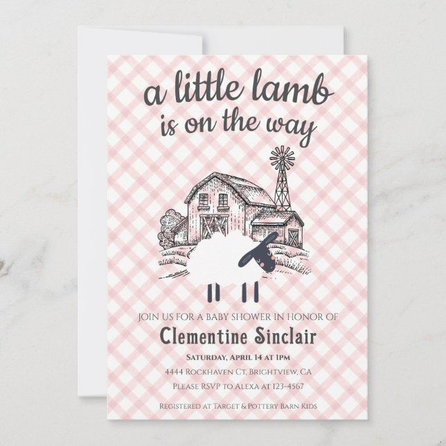 007 Red A Little Lamb Farm Gingham Baby Shower Invitation (Front)