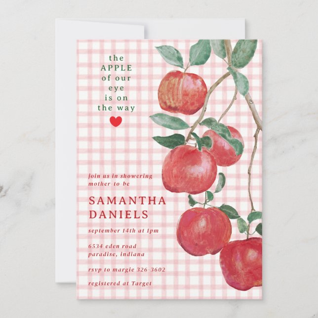 007 Red Apple of Our Eye Gingham Baby Shower Invitation (Front)